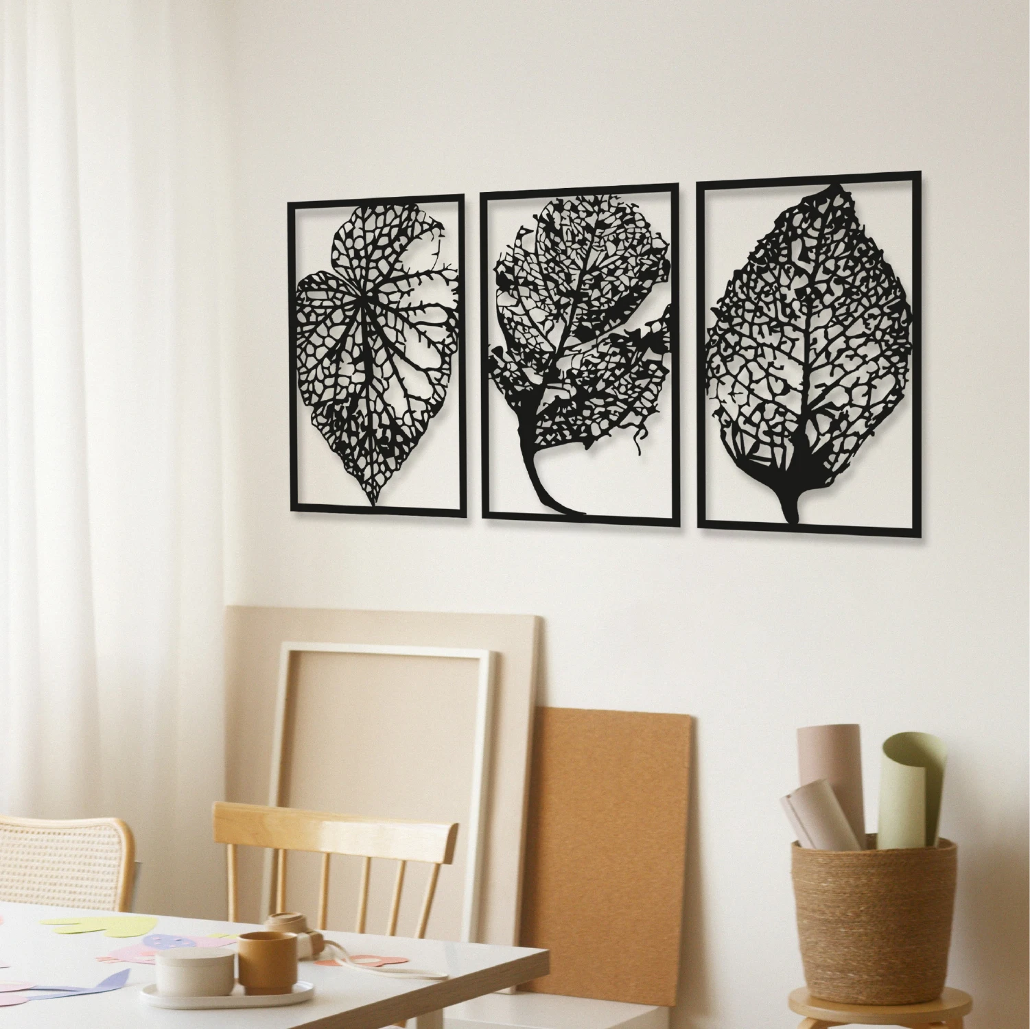 Деревянный настенный стол черного цвета 3 шт. сушеные листья Роскошный домашний