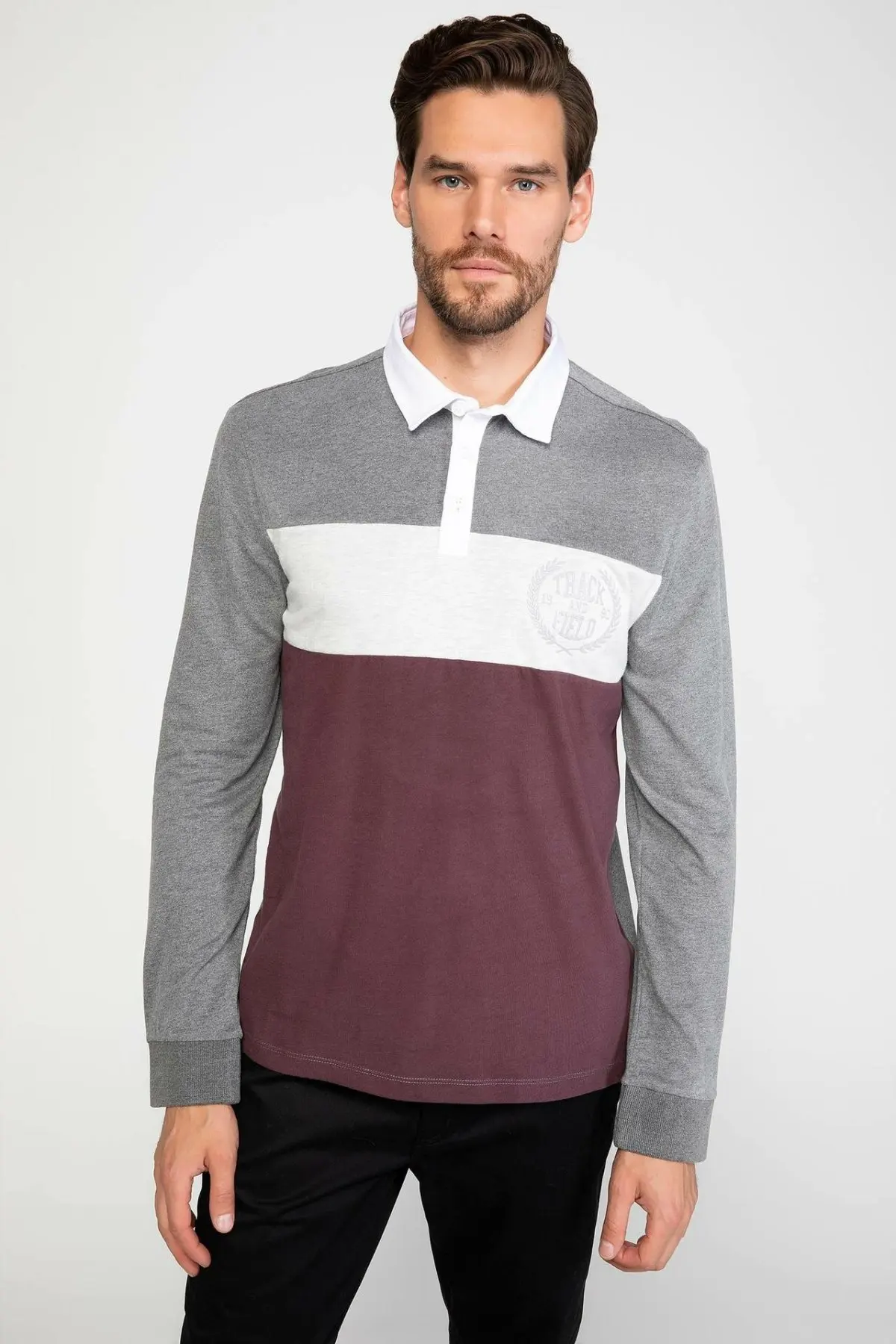 Дефакто Мужская разноцветная хлопковая рубашка поло серая белая с длинным