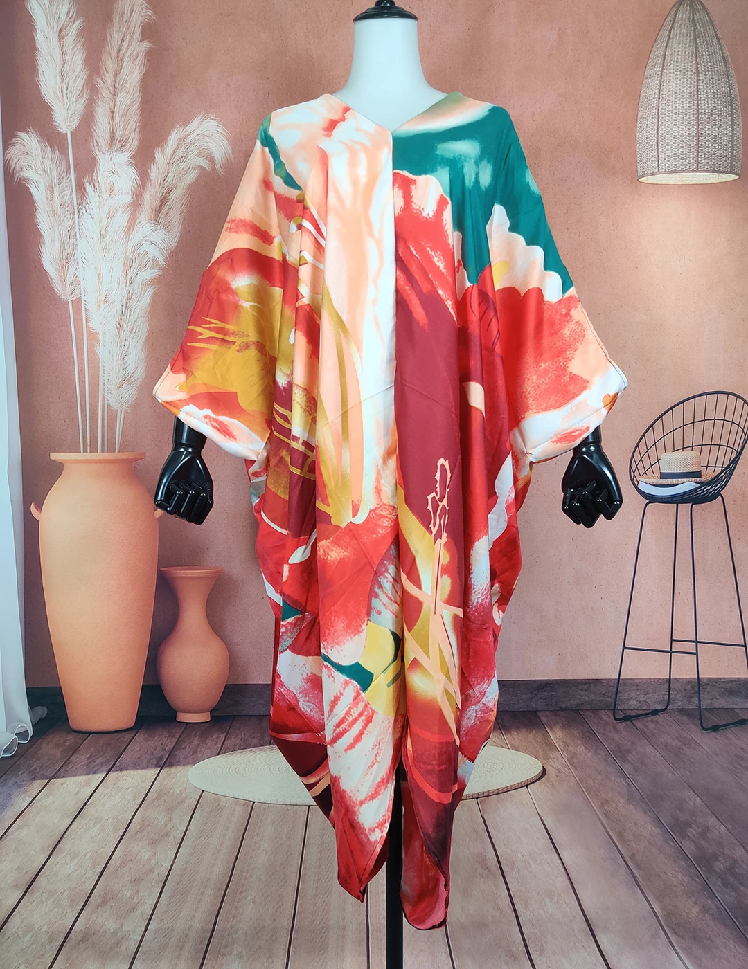 Vestido largo de caftán de seda bohemio para mujer, elegante vestido Floral con cuello en V, para fiesta, Abaya, verano, 2022