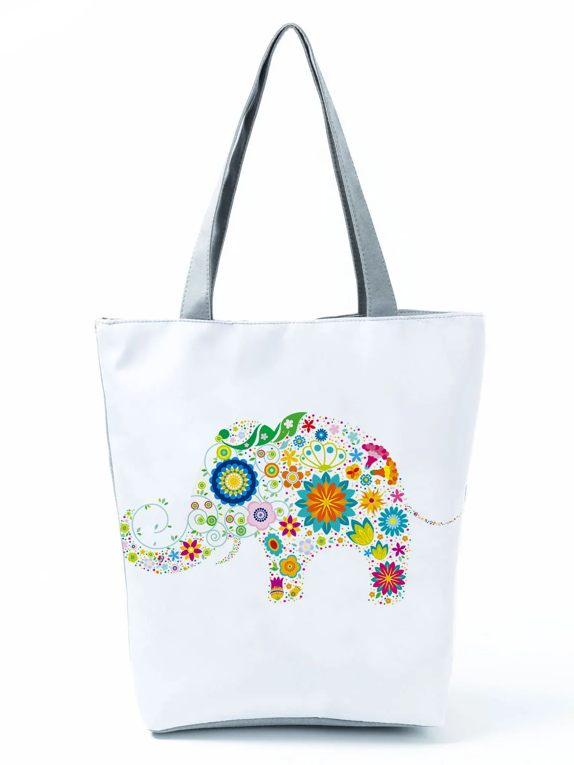 

Colorful Floral Elephant Printed Tote Bag With Zipper Handbag Portable Panelled Shopper Casual Travel Beach Bags For Women