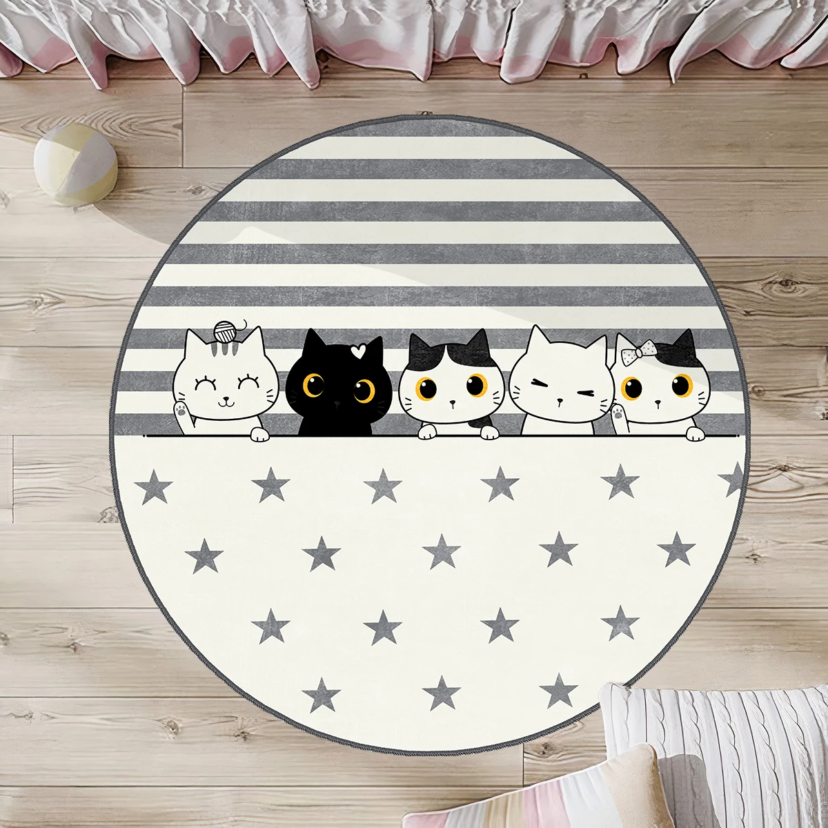 

Beyaz Çocuk Odası Halısı kedi siyah kedi gri yıldız yuvarlak halı