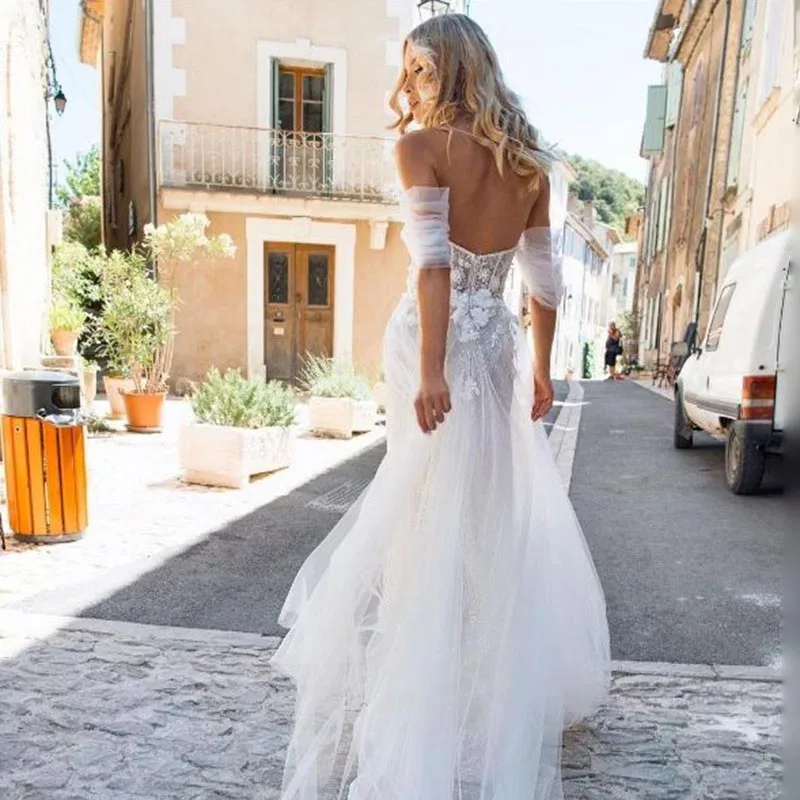 Off Shoulder Boho Wedding Dresses For Women 2022 Tulle Sweetheart Beach Bridal Gown Pleated Sleeves Illusion Summer grace kelly wedding dress
