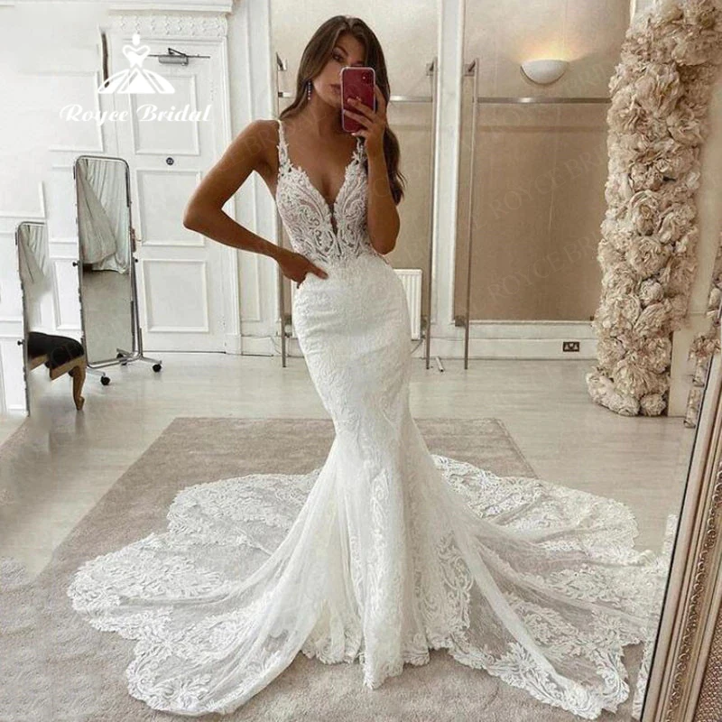 

Vintage Lace Mermaid Wedding Dresses 2022 Spaghetti Strap Soft Tulle Backless Bridal Gowns Sleeveless Country Wedding Gown
