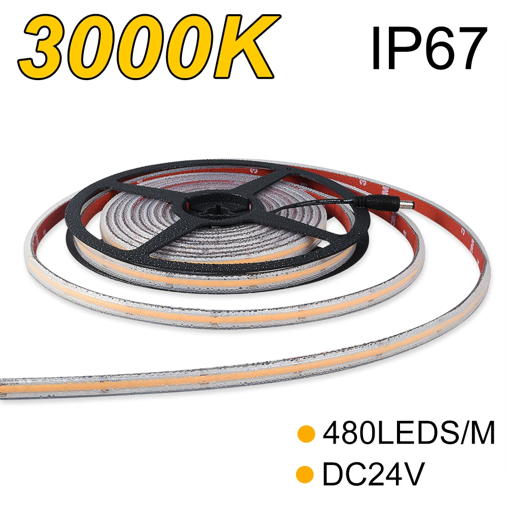

480 светодиодный s/m DC24V 3000K IP67 9 Вт/м COB Светодиодная лента 8 мм ширина печатной платы полый экструзион