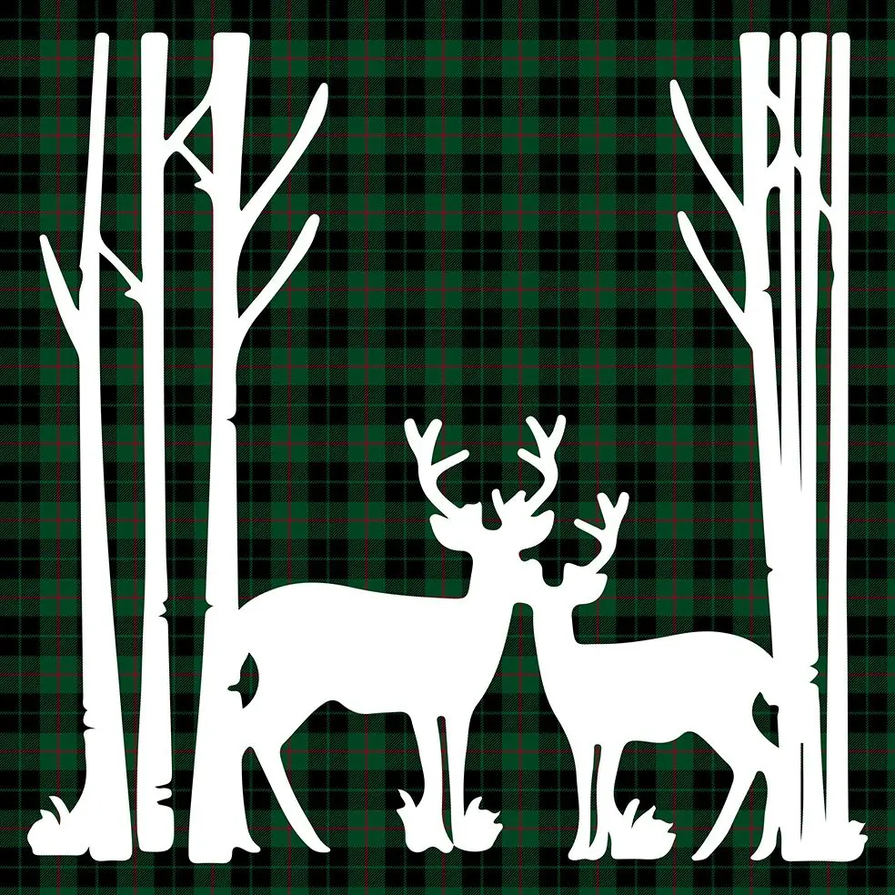 

Curtain Reindeers in Forest Trees Silhouette on Plaid Pattern Traditional Christmas Decoration Art Printed White Green Black