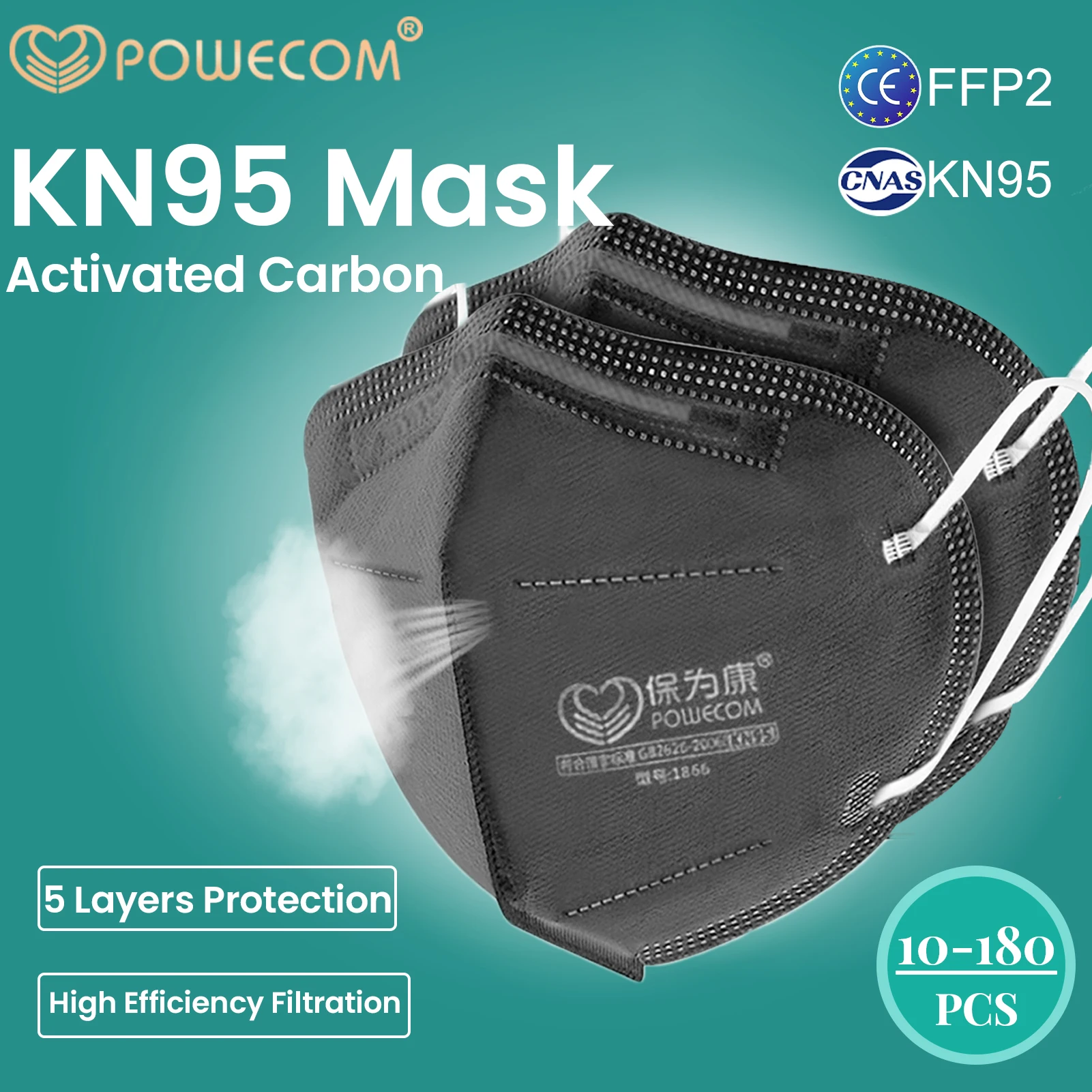 

POWECOM 10/20/30/60/80/120/180 шт. CE утвержден FFP2 маска многоразовые Респиратор маска Защитная KN95 рот маски Анти-пыль 5-Слои фильтр респиратора маска на ро...