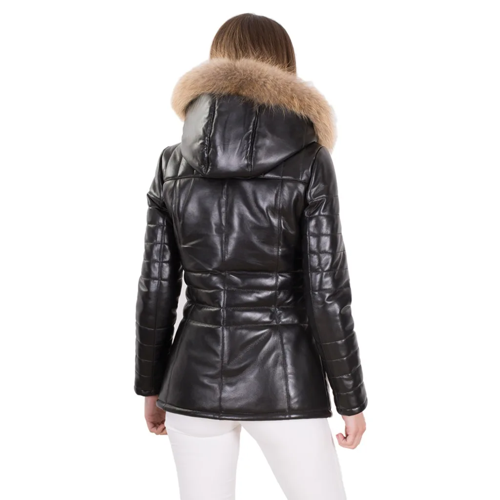 Women Collar Fur Leather Jacket Winter Black Color Waterproof Leather Jacket Genuine Sheepskin Long Coats Keeps Warm