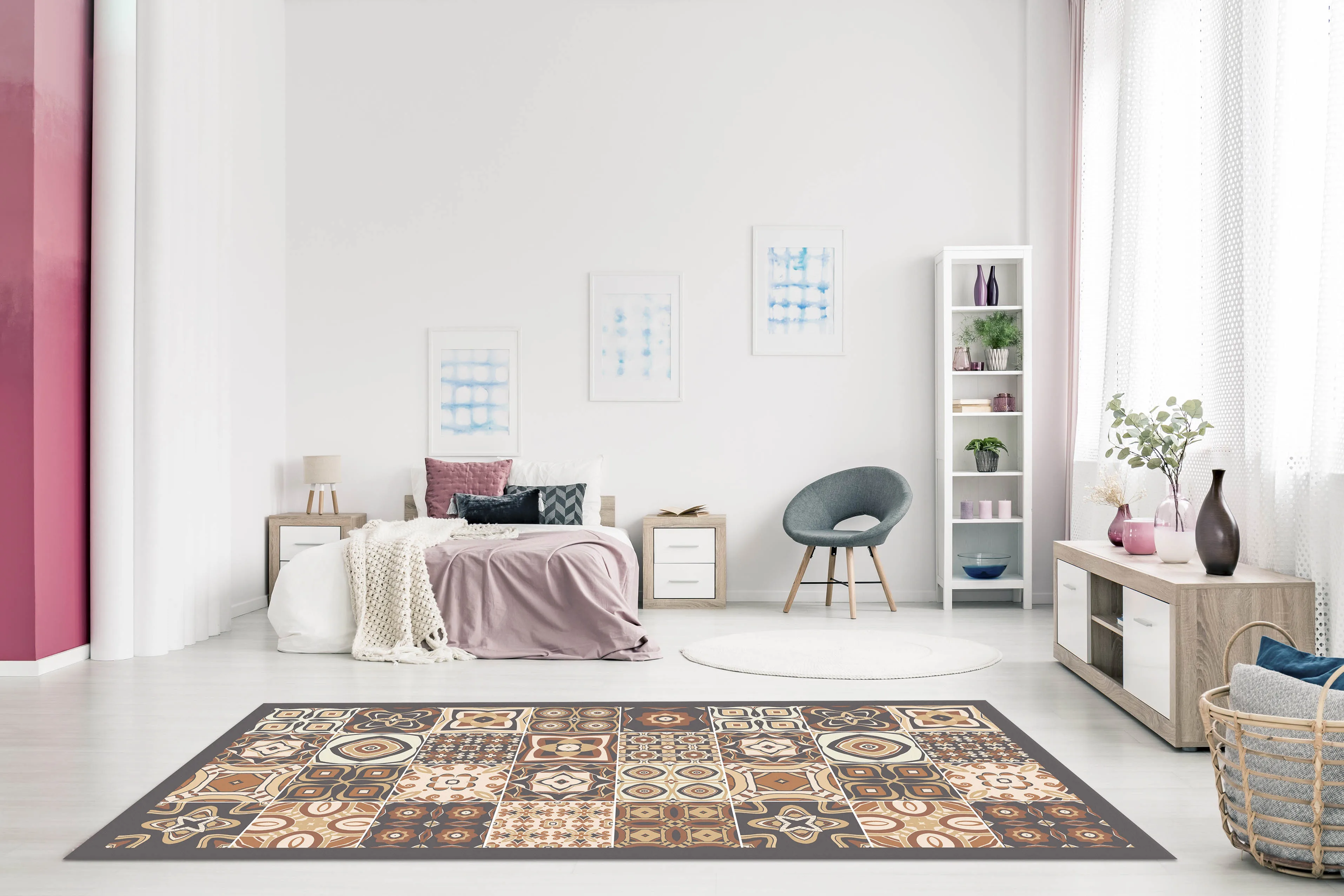 Panorama Vinyl Rug Printed with Vintage Tiles Design in Pink Colour - Carpet Living Room Decoration Decor Bedroom Lounge Mat | Дом и сад