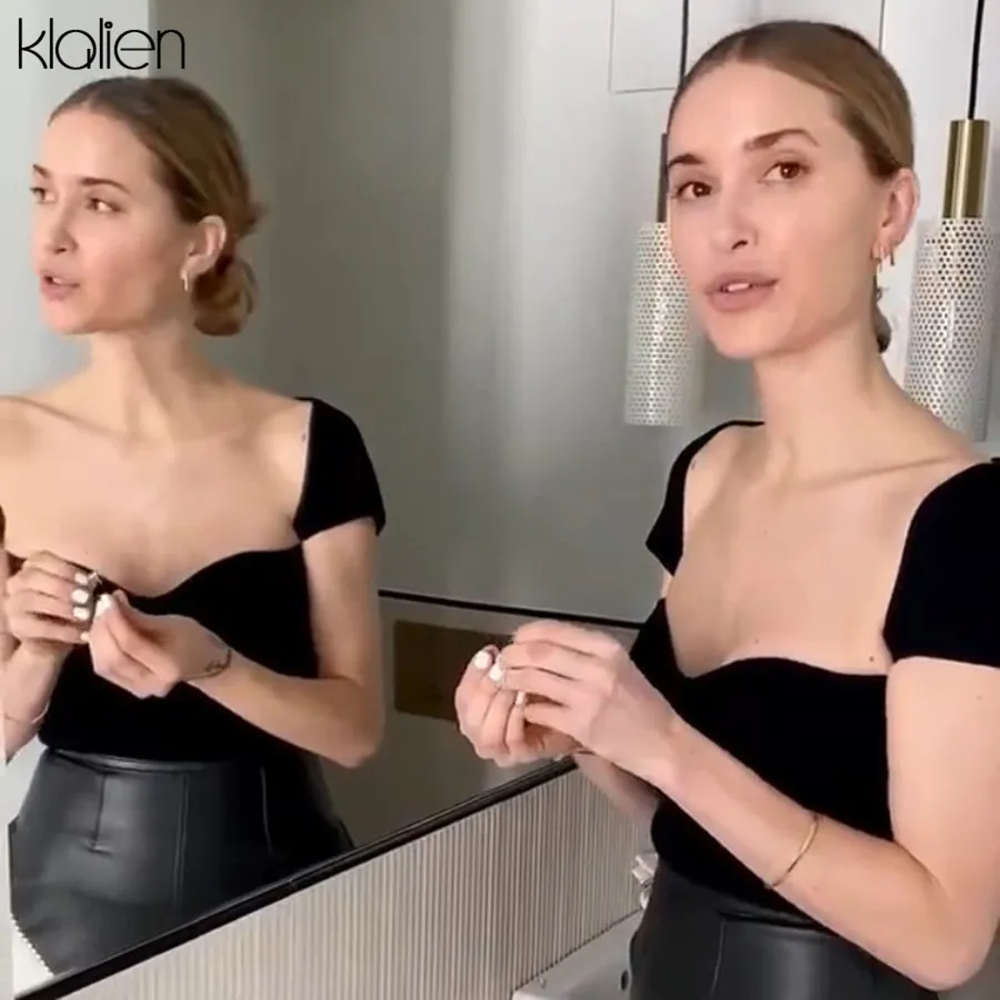 KLALIEN белая ребристая трикотажная футболка для женщин с коротким рукавом и