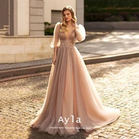 grace light pink a line wedding dress with puffy sleeves tull sweep train bride dress bridal gown bride robe vestidos de boda