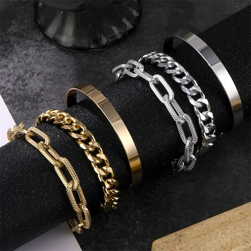 

2021 New Fashion Punk Cuban Thick Bracelet Bangle Chunky Heavy Metal Imitation Pearl Bracelet Wrist Chain Jewelry