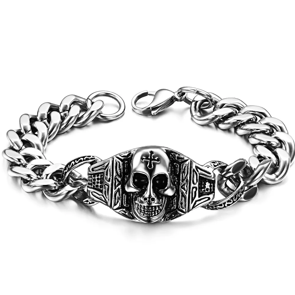 

316L Stainless steel Cool Men's Steel High Quality Biker Man Skull Cross charms Bracelet Chain Factory Price Bracelets & Bangles