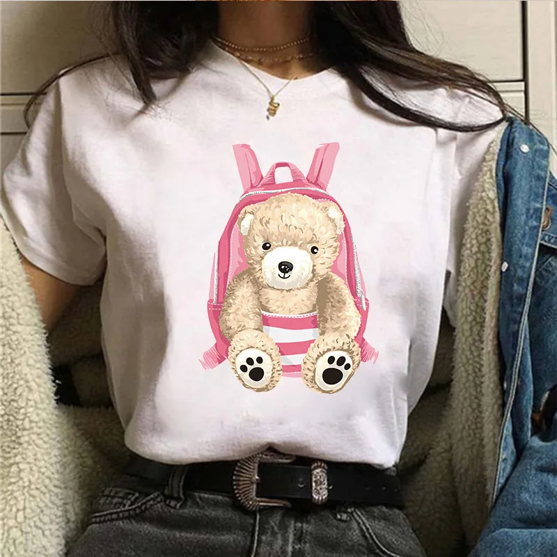 

Pink Schoolbag Little Bear Print Women T-shirt Tops Round Neck Casual White T-Shirt Female Short Sleeve Oversized T-shirt Women