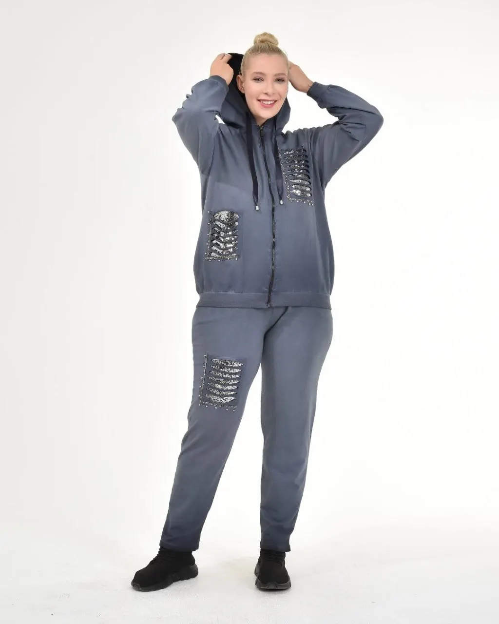 Diaves Women Plus Size Autumn Winter Fashion Self-Effect-Flushing Sequins Detailed Hooded Zipper Sweatshirt Track Suit Sets