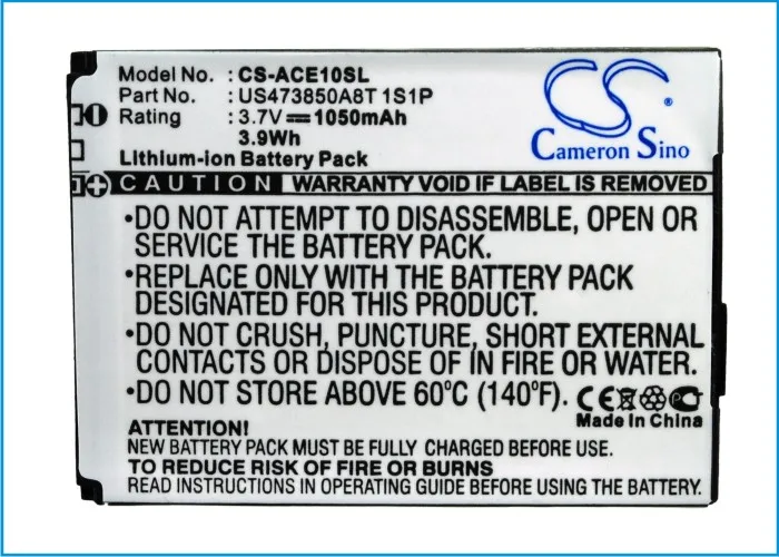 

Cameron Sino 1050mAh Battery For Acer beTouch E100,beTouch E101,C1,E1,E100,E100 US,E101,A7BTA040H BT.00107.005 US473850A8T 1S1P