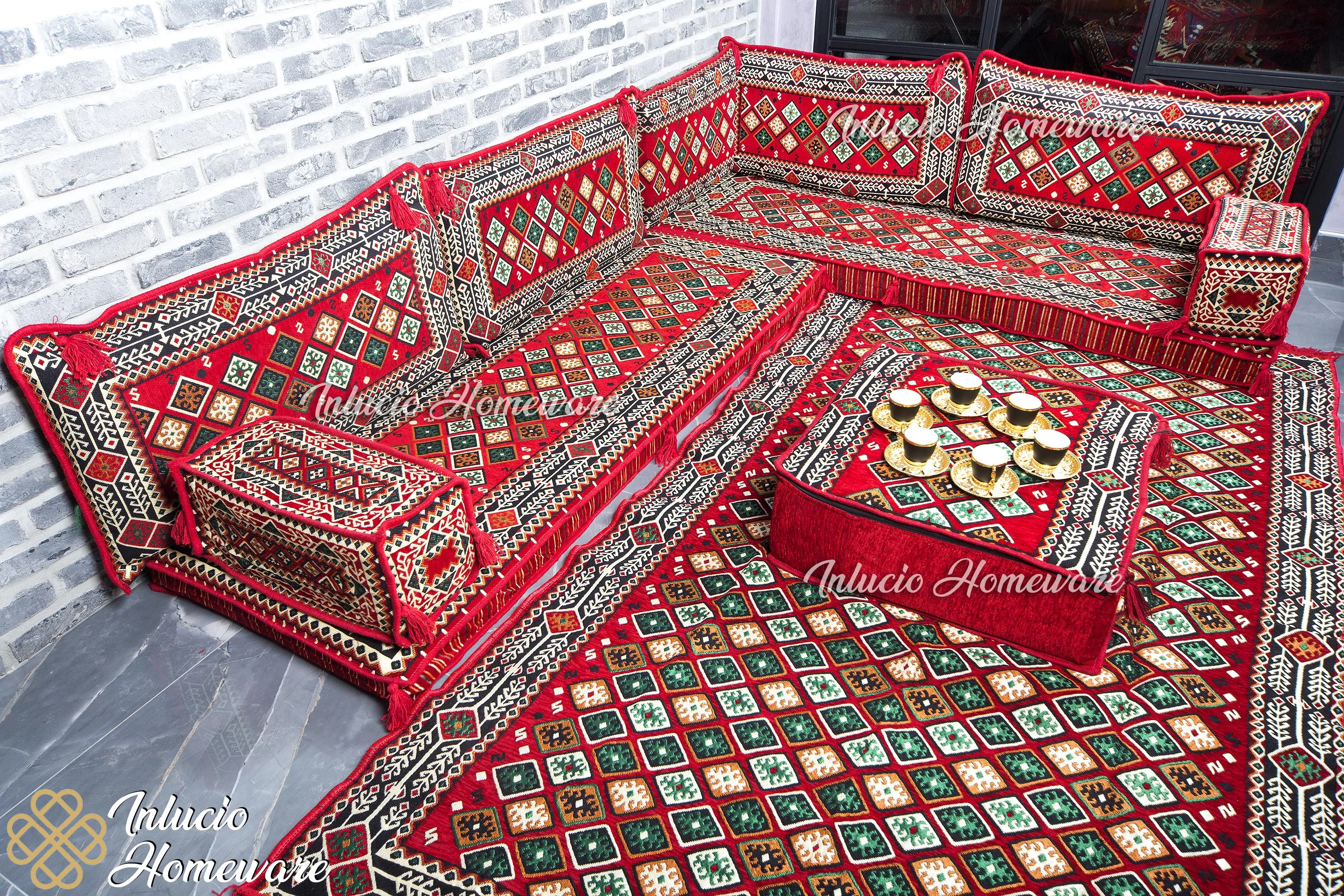 

Arabic Majlis Set Arabic Jalsa Japanese Sofa L Shaped Floor Cushion Red Traditional Pillow Set Carpet Ottoman Furniture