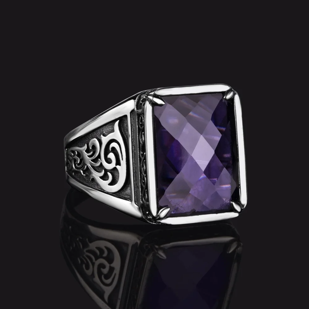 

925K Sterling Silver Turkish Handmade Jewelry Purple Zircon Stone Men's Ring All Size