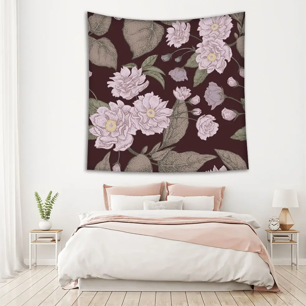 Tapestry Floral Pattern with Leaves Flowers and Branches on Burgundy Background Vintage Artwork Lilac Green | Дом и сад