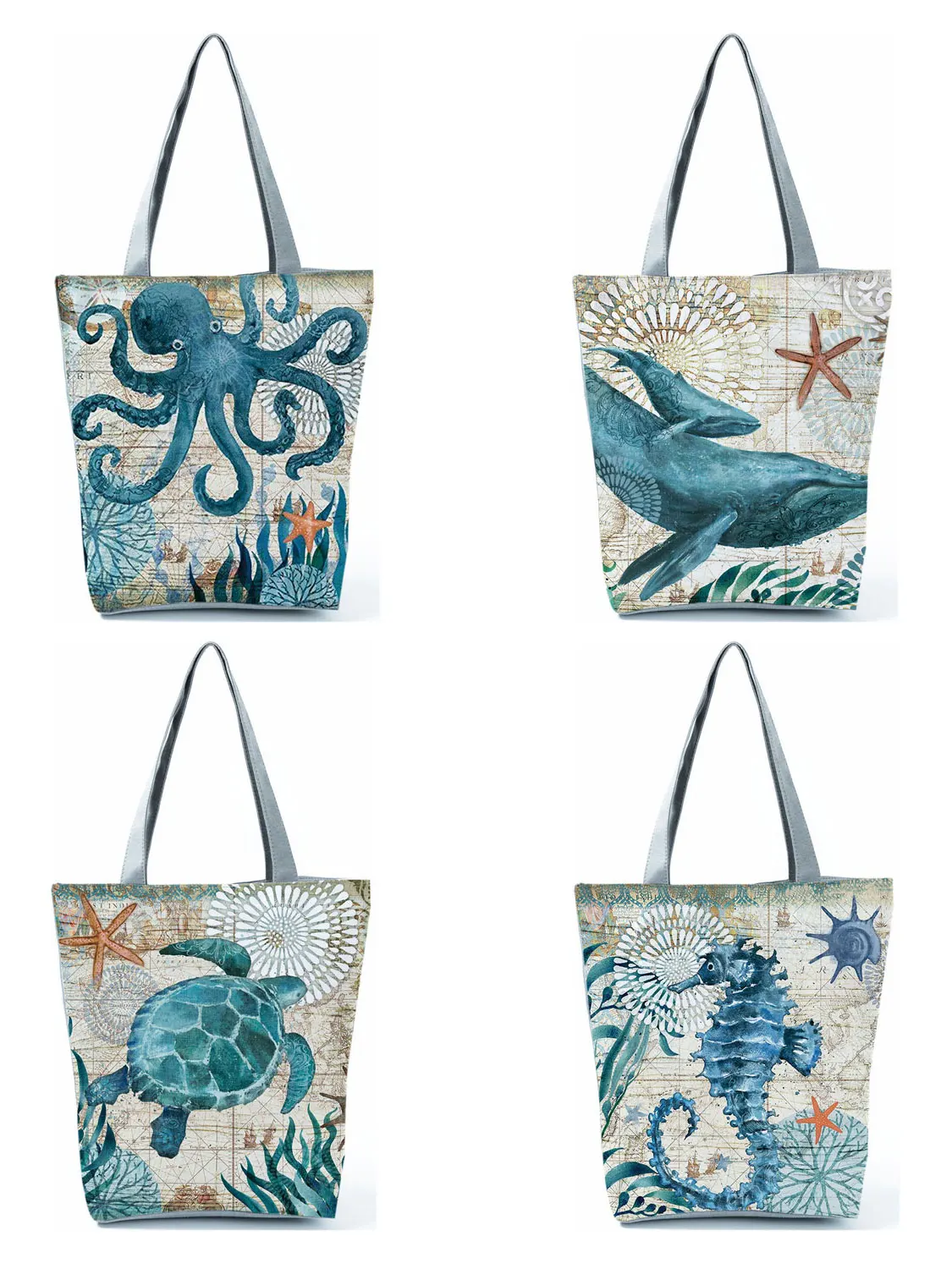 

Customize Tote Bag Blue Seahorse Turtle Octopus Print Traveling Shoulder Bags Linen Shopping Bags For Women with Print Handbags