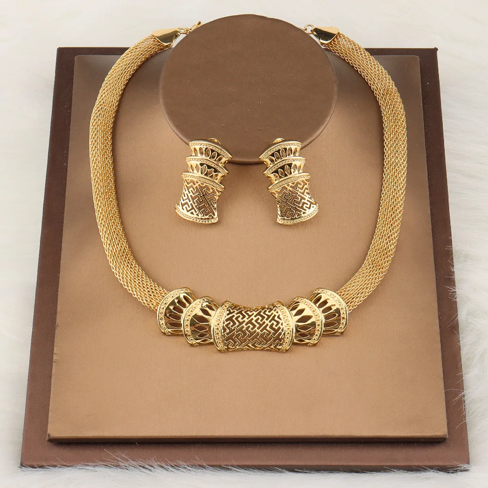 

Dubai Gold Plated Jewelry Sets For Women African Bridal Wedding Christmas Gifts Party Necklace Earrings Jewellery Set 2021