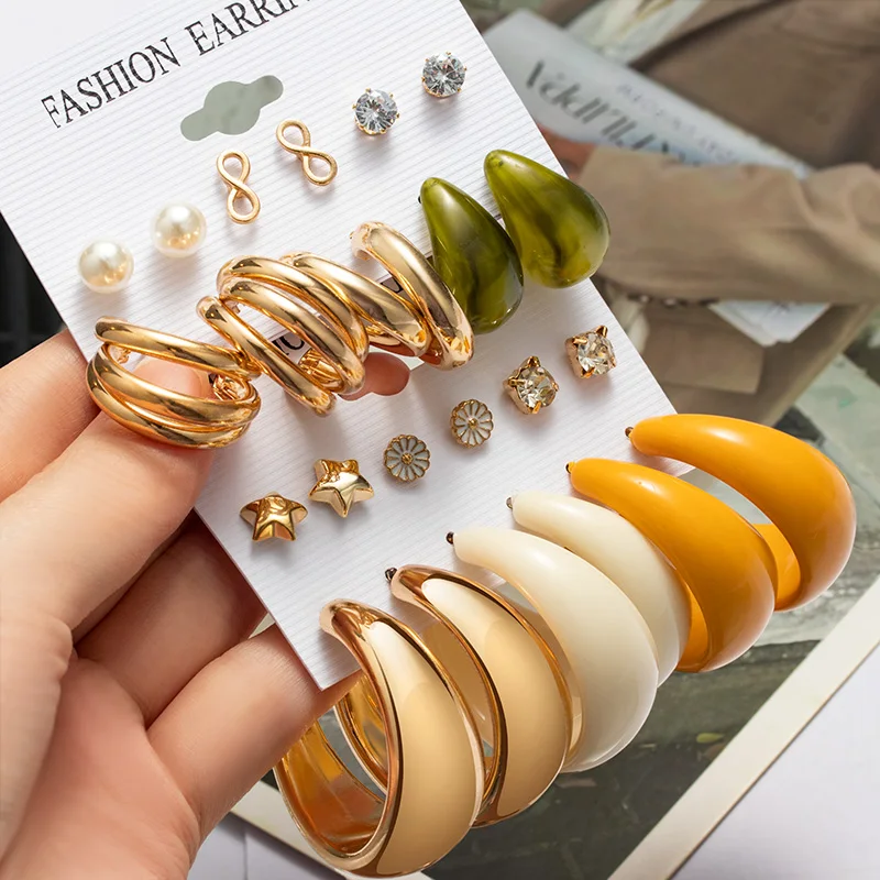 

Trendy Exquisite Geometric Acrylic Earrings Set For Women Fashion Colorful Resin Gold Hoop Earrings Brincos 2021 Female Jewelry