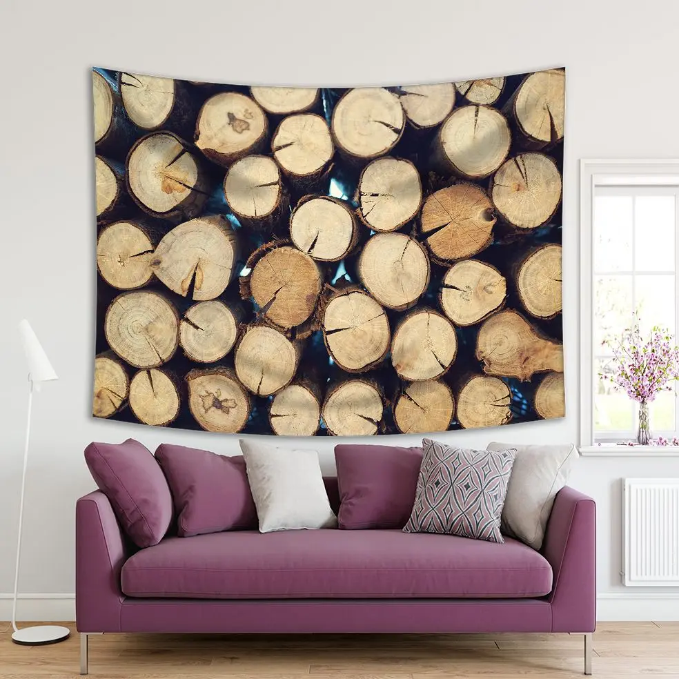 

Tapestry Wooden Circle Logs Wood Pile Natural Country House Rural Life Photo Printed Beige Brown