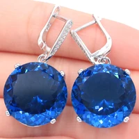 35x20mm shecrown hot sell big round jewelry set created london blue topaz for womans daily wear silver pendant earrings