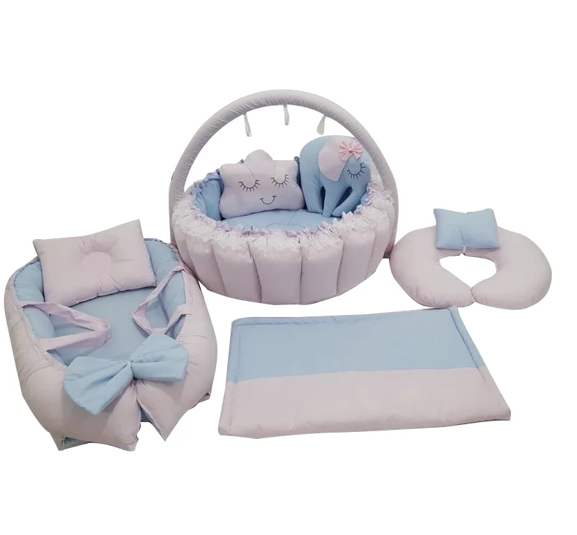 Jaju Baby Handmade Pink and Blue Design Luxury Play Mat and Babynest 8 Piece Set Portable Baby Bedding Set Mother Side