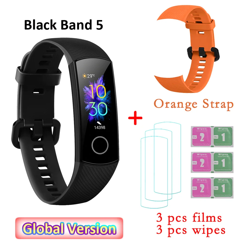 C strap and 3 films Global Versio huawei Honor Band 5 4, умный Браслет, умный браслет, шагомер, сенсорный экран, для плавания, сердечного ритма, сна, монитор - Цвет: C strap and 3 films