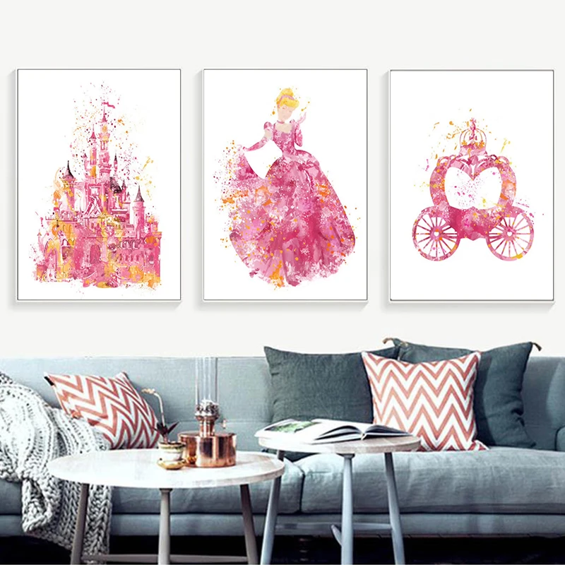 

Watercolor Disney Cinderella Princess Canvas Painting Wall Art Cartoon Castle Pumpkin Carriage Poster Prints For Home Decor