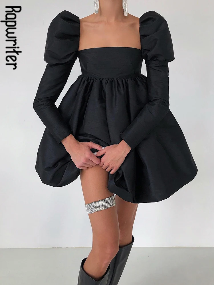 Rapwriter Elegant A Line Dress Vintage Square Collar Party Dress Korean Evening Prom Dress Romantic Black Short Dress For Girl