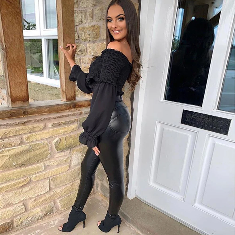 Melody/Черные Блестящие Брюки из искусственной кожи осенне-зимние теплые брюки для