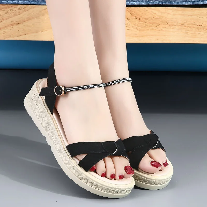 

WDZKN Ladies Sandals Summer Casual Shoes Cross Cow Suede Rhinestone Med Wedges Heel Platform Sandals Women Sandalias Mujer