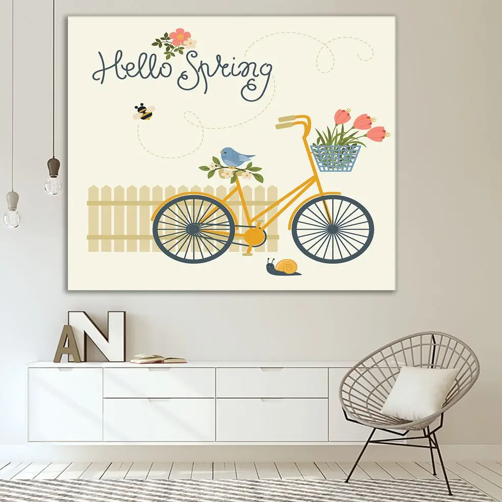 Гобелен велосипед цветы птица пчела улитка и забор &quotHello Spring&quot Весенняя тема