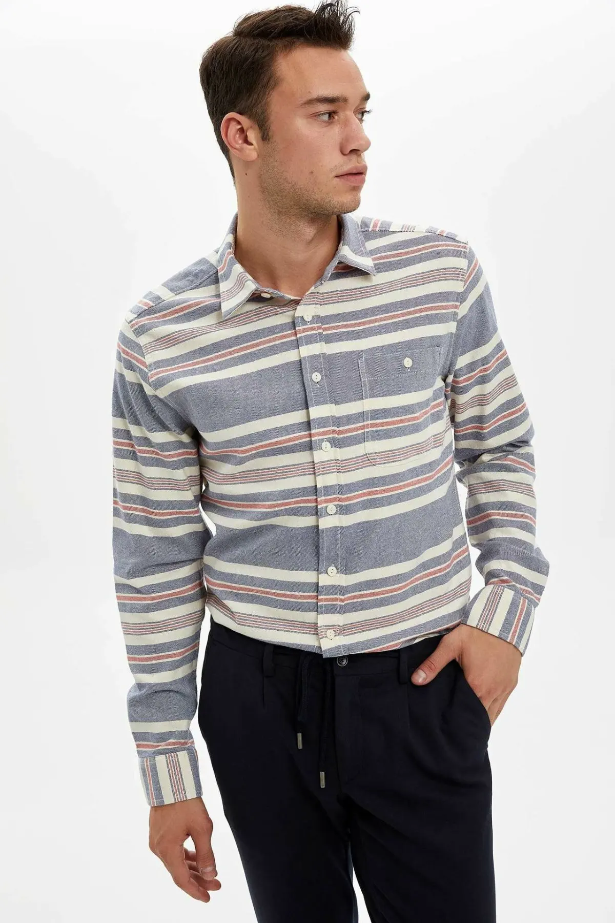 DeFacto модная мужская повседневная полосатая рубашка с отворотным воротником