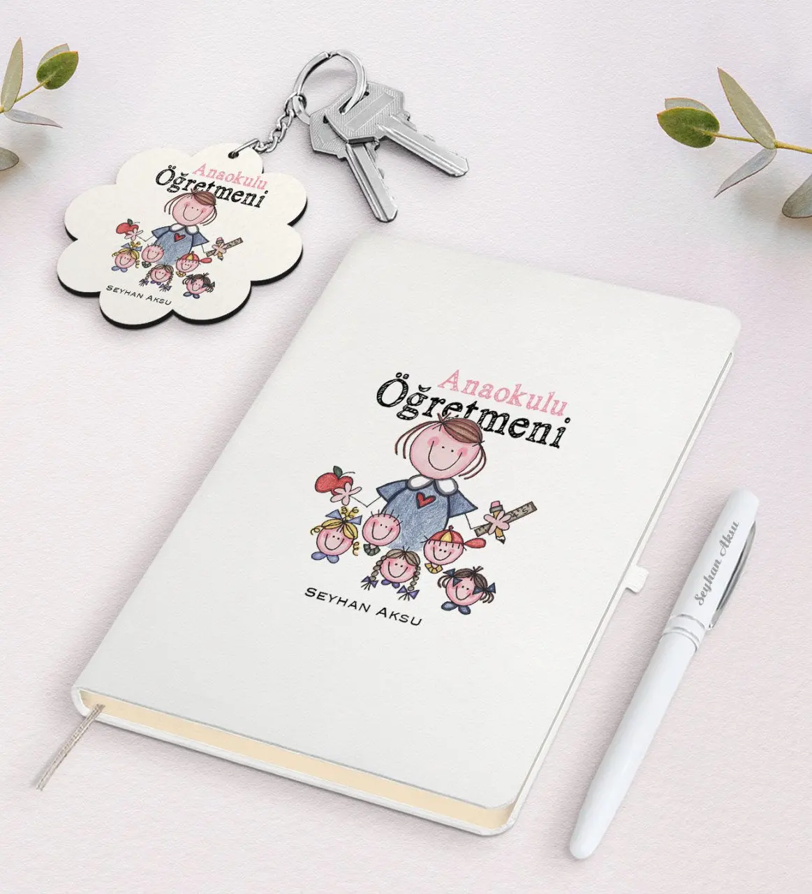 

Personalized Kindergarten Teacher White Notebook Pen And Keychain Gift Seti-2