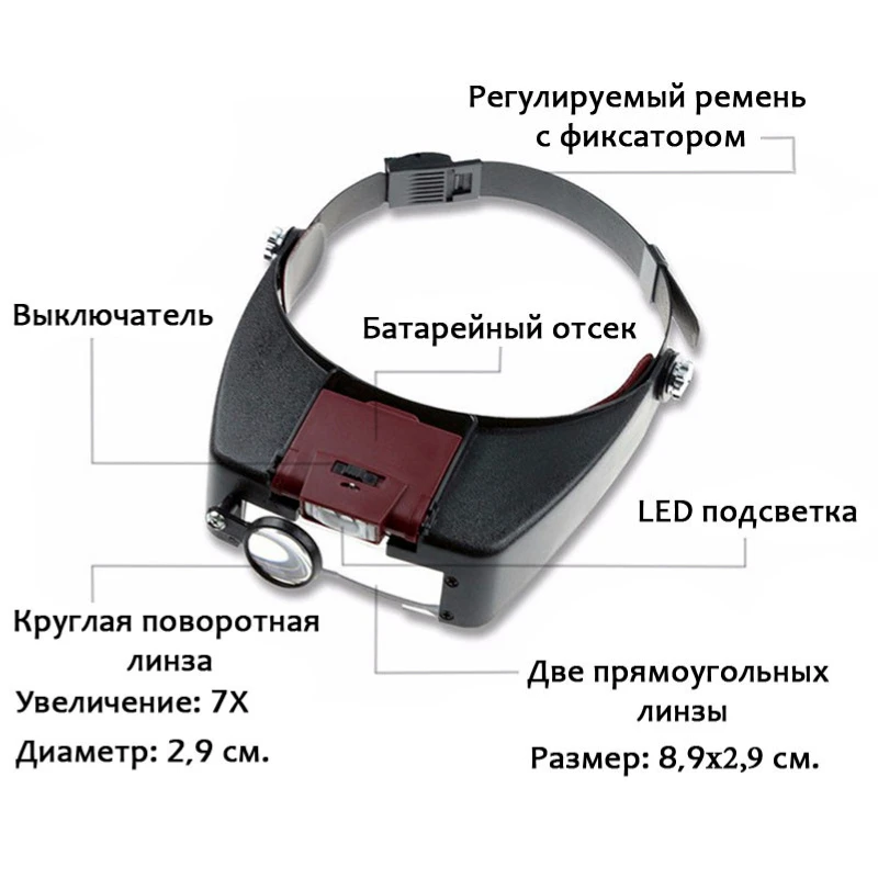 Лупа налобная OT-INL12 Увеличение 7X Подсветка Лупы для пайки | Инструменты