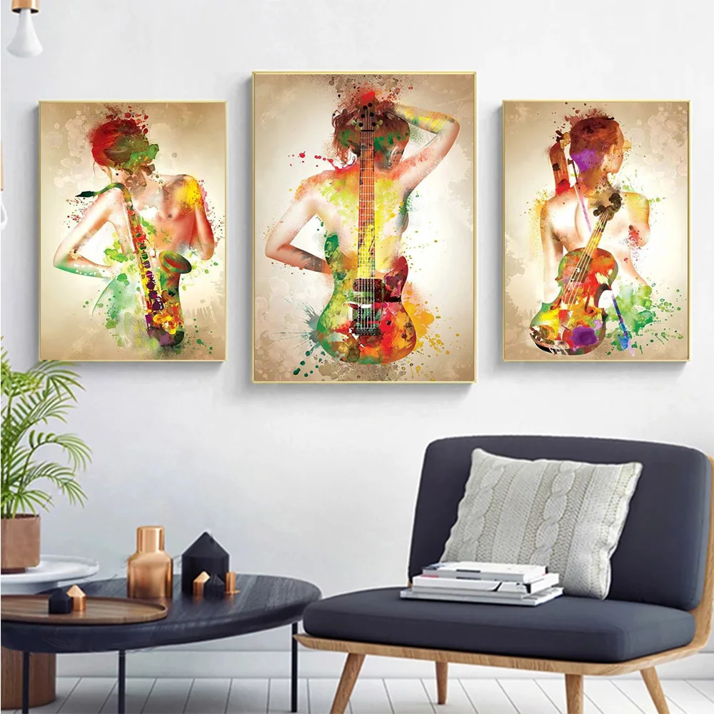

Abstract Girl Back View With Guitar Canvas Painting Modern Graffiti Poster and Print Picture for Living Room Wall Art Home Decor
