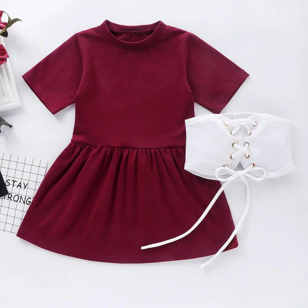 Летняя детская одежда для маленьких девочек футболка платье + пояс однотонные