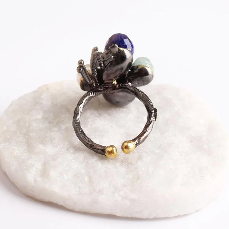 

Blue Lapis Lazuli and Green Zircon Pearl Gold Plated Womens Silver Ring,Woman 925Silver Zircon Handmade Ring, Oval Zircon Ring