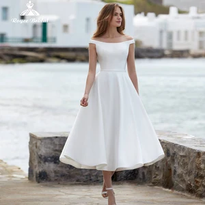 Classic Boat Neck Off the Shoulder A line Short Wedding Dresses 2022 Satin Bridal Gown Button Mid-Calf robe de soirée de mariage