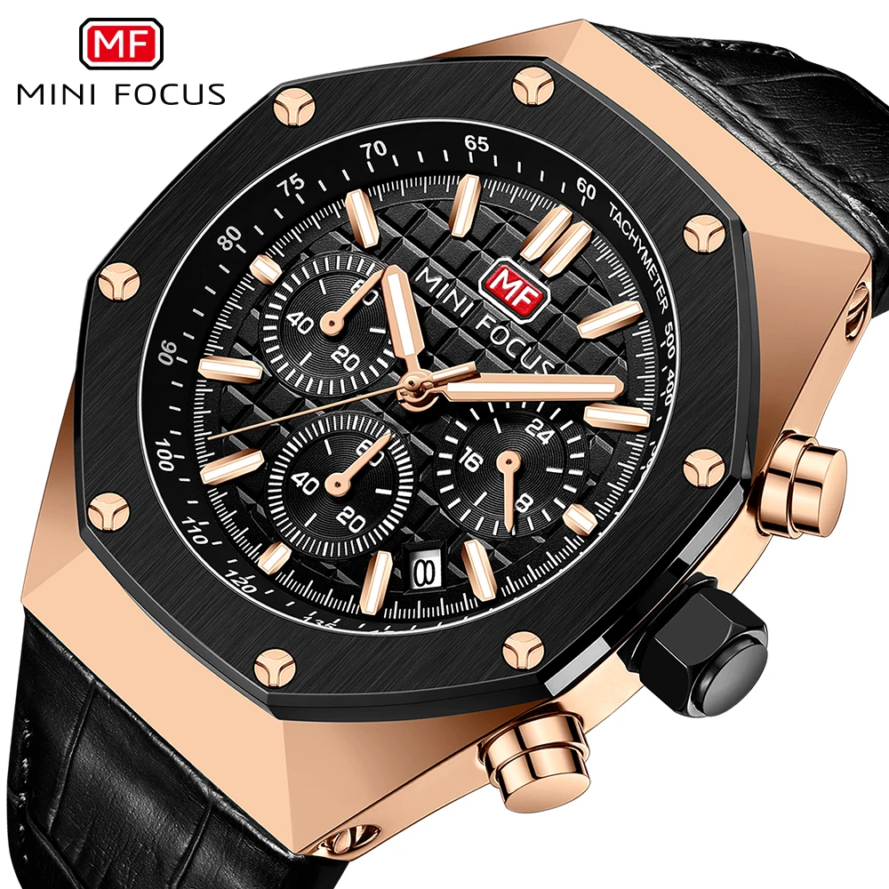 Top Brand Luxury Octagon Mens Watch Multifunction Casual Watch Waterproof Calendar Super Luminious Leather Band Wrist Watch