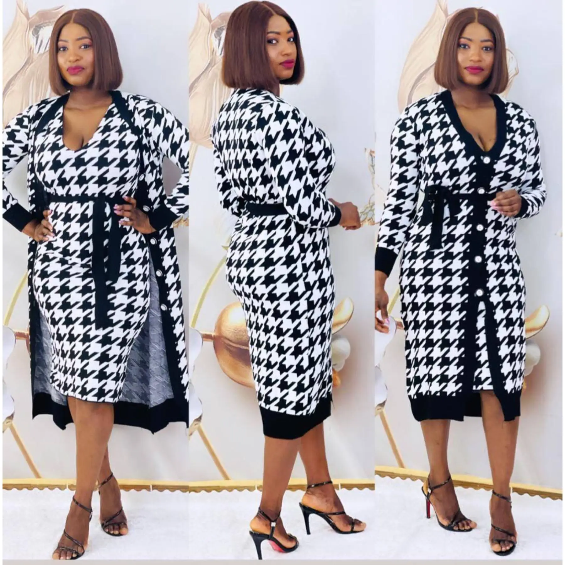 

Women's Two Piece Dress Set Houndstooth Pattern Belted Maxi Cardigan and Sleeveless Halter Dress Knitwear Free Size Set Turkey