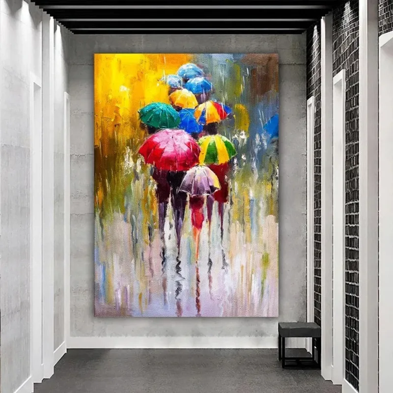 

Colorful Oil Painting Print on Canvas Abstract Rainbow Umbrella in the Rain Poster Print For Home Decor Canvas Painting Wall Art