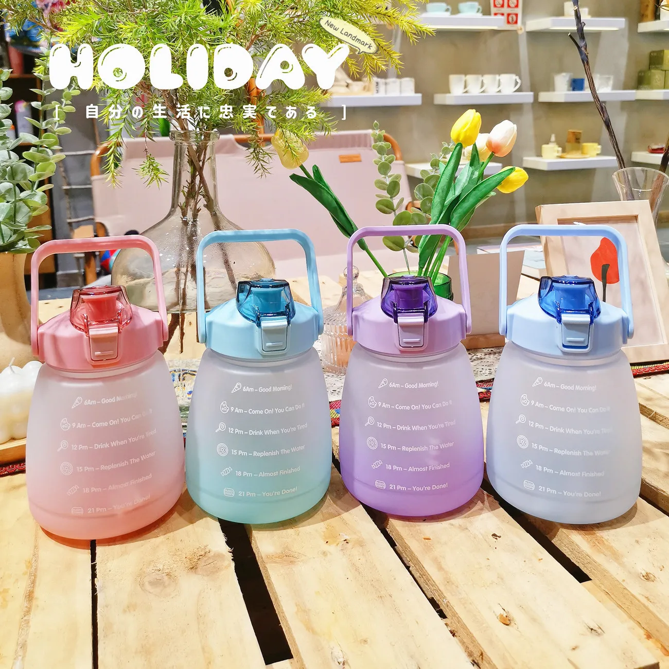 

Cute Girls Water Bottle with Stickers Straw Big Belly Cup 1500ml Sports Bottle for Water Jug Children Female Kettle with Strap