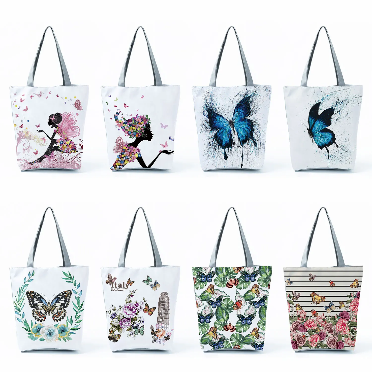 

Fashion Butterfly Printed Handbags Portable High Capacity Animal Women Shoulder Bag Eco Friendly Foldable Storage Shopping Bag
