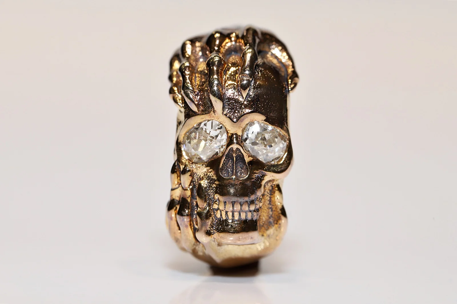 

Old Style New Made 14K Gold Skeleton Head Natural Diamond Pretty Strong Ring