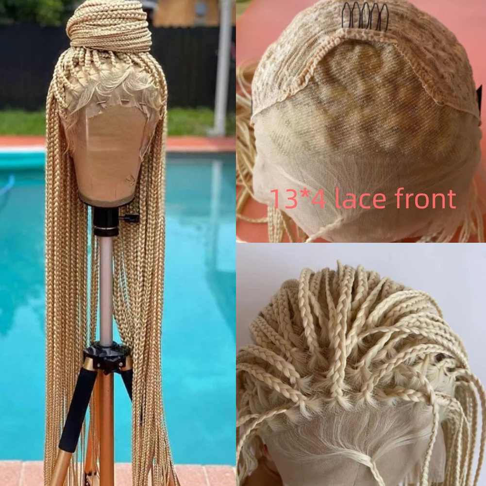 13*4 Box Braided Wigs Lace Front Blonde #613 Micro Braided Straight Synthetic Hair Full Long Braiding Hair Wigs with Baby Hair