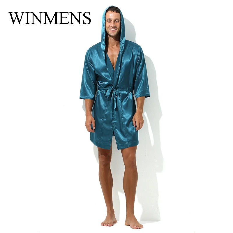 Men's Bathrobe Hooded Couple Robe Dresses Solid Ultra-thin Imitation Silk Sexy Medium Sleeves Loose Large Ribbon Pajamas