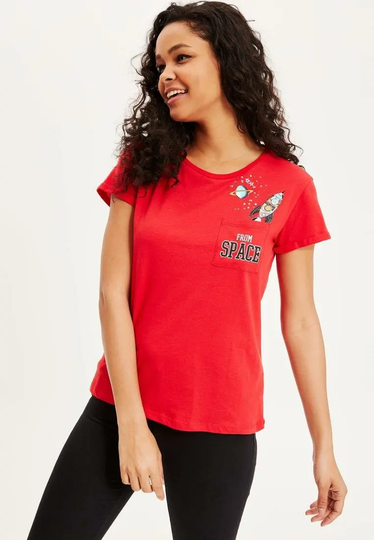 Женская Красная футболка DeFacto повседневная хлопковая с коротким рукавом и